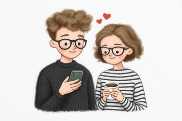 Young couple sharing a joyful moment while engaging in modern technology over a warm coffee inspired by love and connection illustrated in a playful artistic style