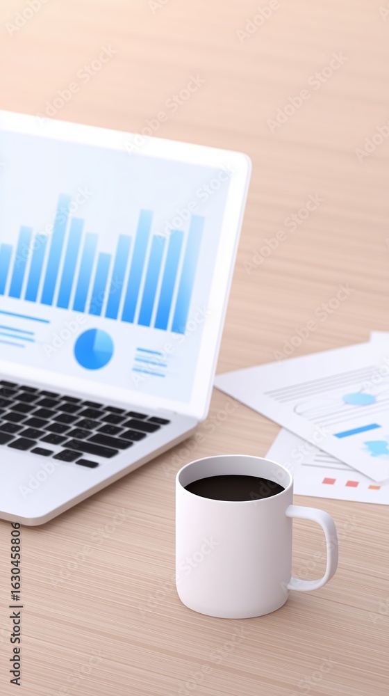 Poster laptop displaying data analytics with blue graphs and charts, alongside a white coffee mug and docum