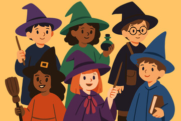 Six cartoon girls dressed as witches are prepared for a fun-filled Halloween night of trick-or-treating