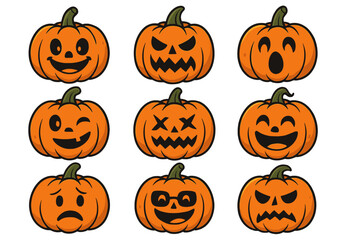 A distinctive assortment of intricately carved pumpkins displaying diverse emotions for Halloween celebrations