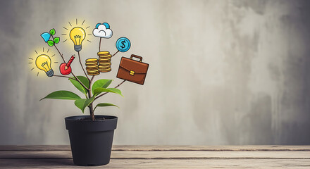 Concept of business growing, with plant and ideas sprouting and developing towards success on