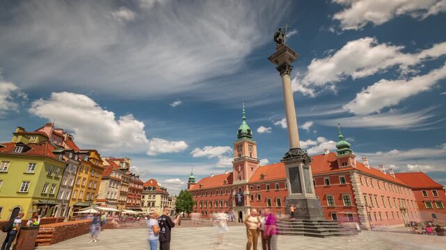 sunny day warsaw city center famous old town monument crowded square panorama timelapse 4k poland