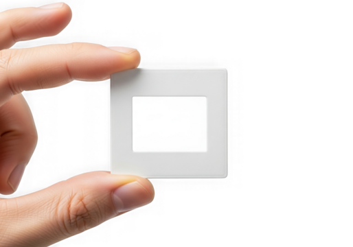 A hand holding a white slide frame isolated on transparent background
