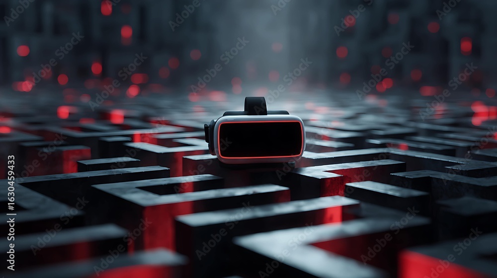 Poster a sleek virtual reality headset rests on a maze-like surface, illuminated by an ethereal glow of red