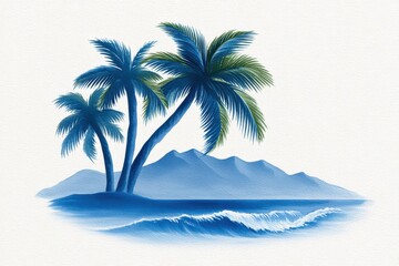 Obraz premium Serene coastal landscape showcasing lush palm trees against tranquil blue ocean waves with distant mountains creating a calming tropical atmosphere resonating with natural beauty