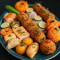 Vibrant Platter of Asian Fusion Bites and Rolls.