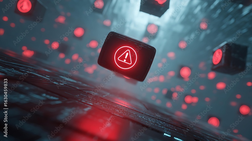 Poster a digital scene featuring floating red warning cubes, creating a futuristic and intense atmosphere w