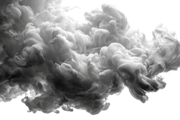 Abstract grayscale ink swirling in water creating a cloudlike formation on transparent background