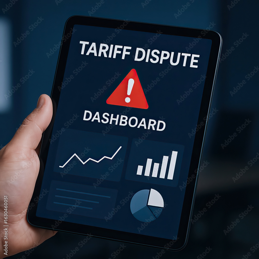 Poster tariff dispute dashboard on digital tablet screen showing alert symbol and various charts, held by h