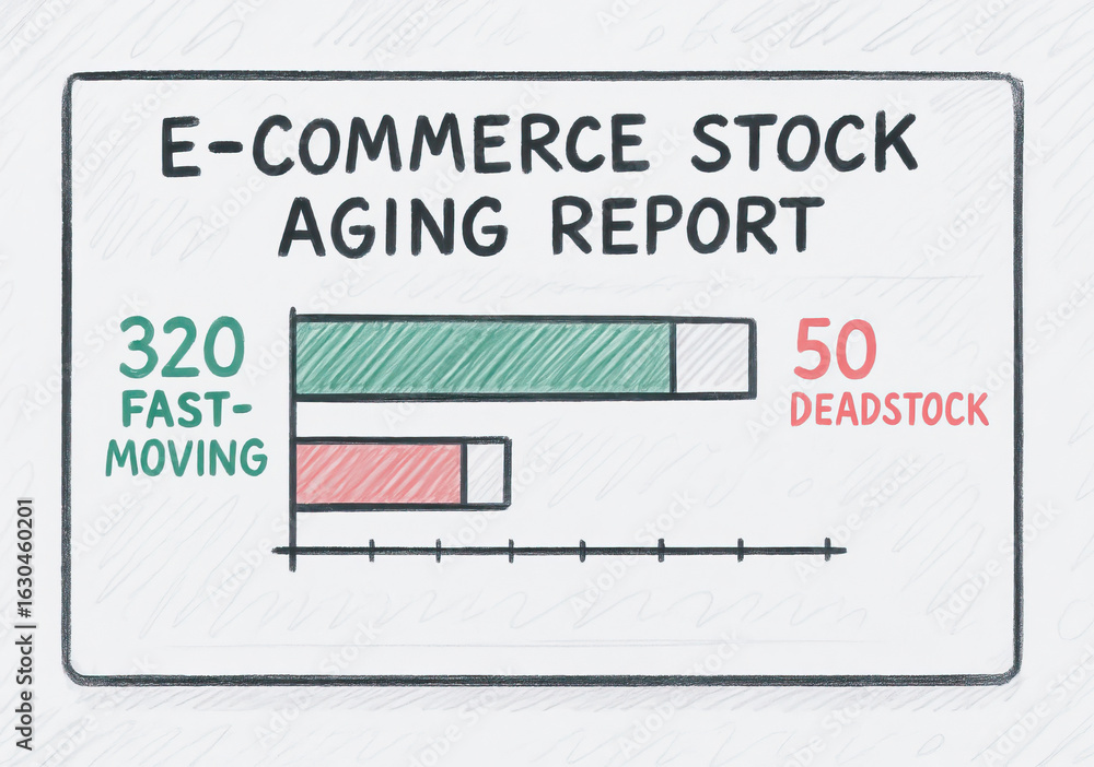 Poster e commerce stock aging report showing fast moving and deadstock quantities with colored bar chart fo