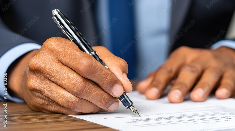 Poster a person in formal attire writes on paper with a pen in a professional setting