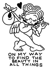 Whimsical line art of a winged cherub seeking beauty with a satchel and heart