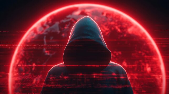 A mysterious figure in a hoodie stands against a glowing red globe, evoking a sense of intrigue and digital tension.