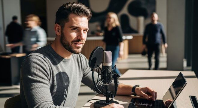 A man at work smiling into a microphone and looking to side