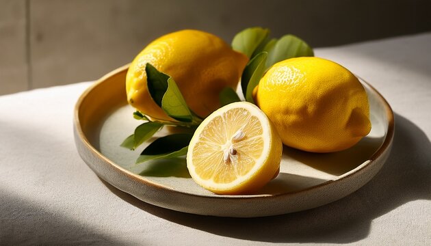 limoni estivi su piatto in ceramica n natura morta mediterranea con luce e ombre su pietra