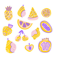 Colorful Abstract Tropical Fruits &ndash; Modern Hand Drawn Exotic Fruit Illustration in Yellow and Purple