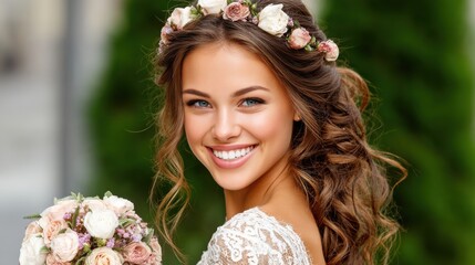A smiling woman with long wavy hair wearing a floral crown and holding a bouquet of roses