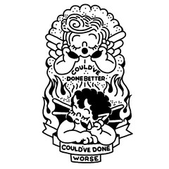 Hand-drawn graphic of a good vs. evil angel with self-doubt quotes