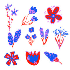 Bright and colorful abstract flower illustration. Modern hand drawn floral elements in bold colors. Perfect for spring and summer designs, invitations, packaging, and decorative patterns.