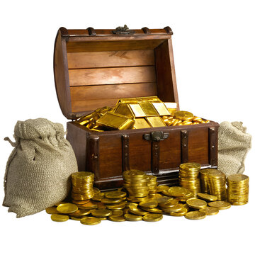 A lot of stacking gold coins in treasure stack and gold bar