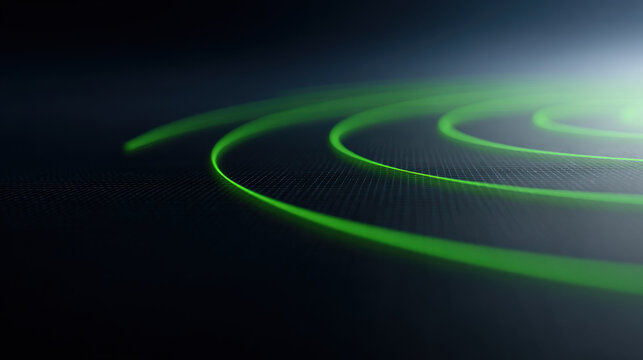 Green radar waves glow on dark background showing weather detection with smooth circular lines creating futuristic and dynamic atmosphere