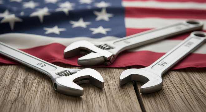 Three adjustable wrenches resting on a wooden surface with the american flag in the background symbolizing hard work and patriotism