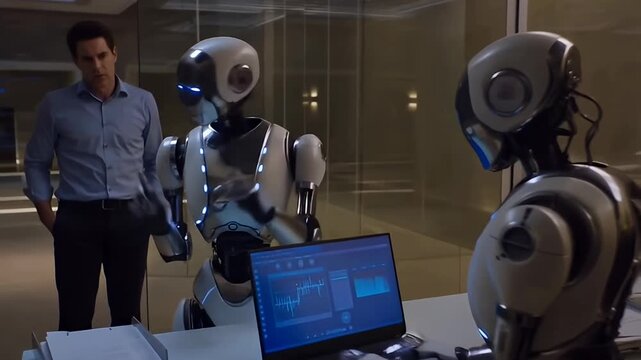 Two AI robots typing and analyzing data on laptop while businessman looks at them in disbelief in futuristic office. Businessman supervising robots while fearing being replaced