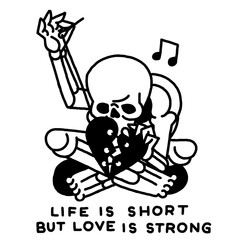 Tattoo style illustration of a skeleton with a shattered heart.