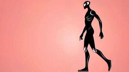 Pixelated Black Silhouette of Walking Figure on Textured Pink Background