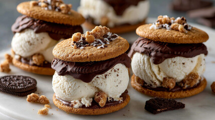 Tasty ice cream with chocolate sandwich cookies as background, top view
