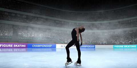 Figure skater girl skating on ice stadium.