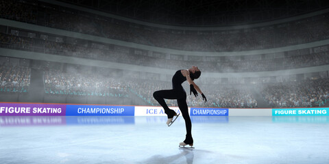 Figure skater girl skating on ice stadium.