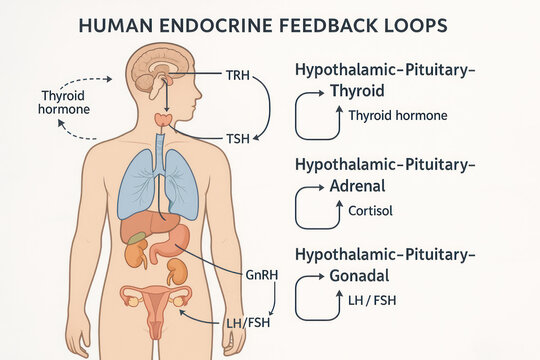 Human Endocrine Feedback Loops Illustration: Thyroid, Adrenal, Gonadal Axis Illustration