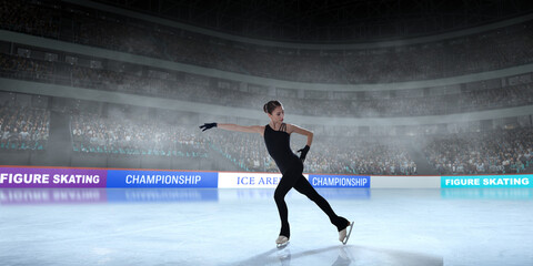 Figure skater girl skating on ice stadium.