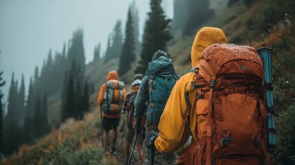 Group of hikers in colorful rain jackets trekking up a misty mountain trail surrounded by evergreen trees
