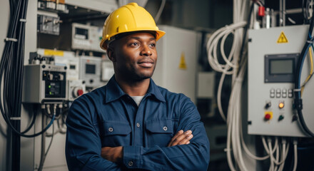 Focused african american electrician wearing a yellow hard hat and blue uniform standing with arms crossed in a control room