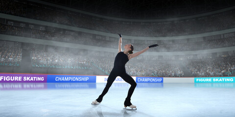 Figure skater girl skating on ice stadium.
