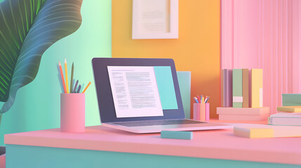 3D Business Illustration of a Desk with a Laptop