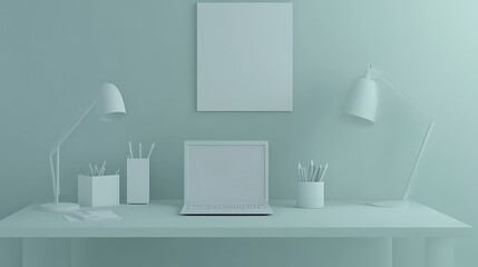 3D Business Workspace with an Empty Desk and Laptop