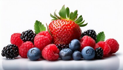 Obraz premium a vibrant assortment of fresh mixed berries including strawberries blueberries raspberries and blackberries on a white background