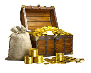 A lot of stacking gold coins in treasure stack and gold bar
