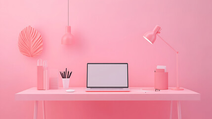 3D Business Workspace with an Empty Desk and Laptop