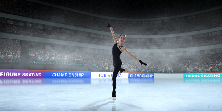 Figure skater girl skating on ice stadium.