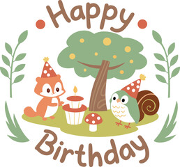 Happy Birthday Woodland Animals Celebration Illustration with Owl, and Snail, Forest Themed Party Scene, Cute Characters, Nature Inspired Vector Art, Festive Greeting Card Design.