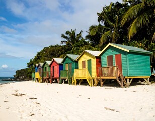 Colorful beach huts on a tropical island