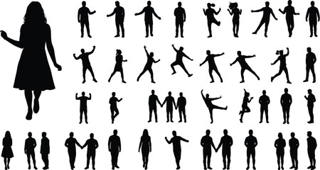 Diverse human silhouette collection showing poses for dance, walk, interact, expressive movement design, isolated black figures, vector illustration asset