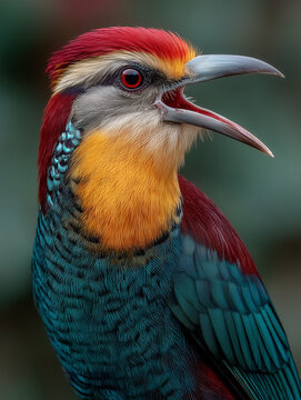 Vibrant Red-crested Trogon bird close-up