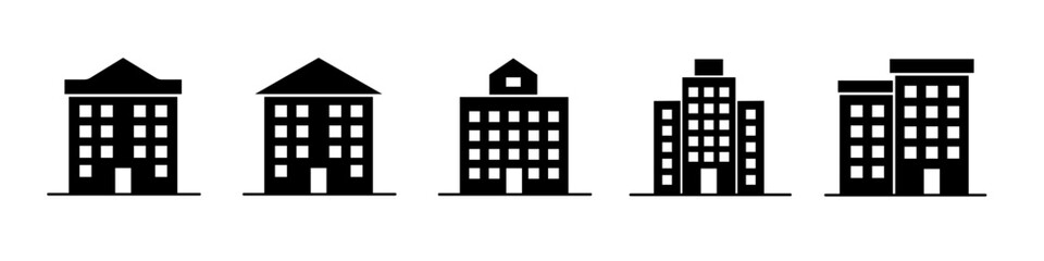 Building icons in silhouette style. City real estate, housing architectural design.
Vector illustration.
