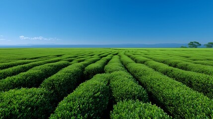 A vast, flat tea plantation landscape