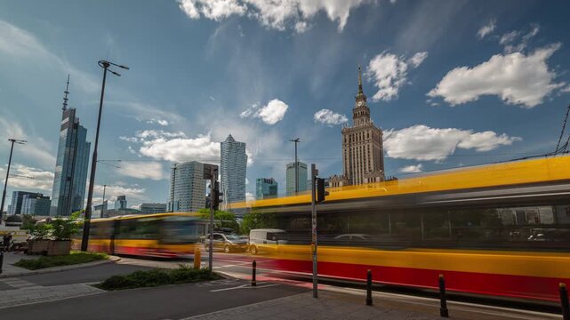summer day time warsaw city center traffic street crossroad panorama timelapse 4k poland